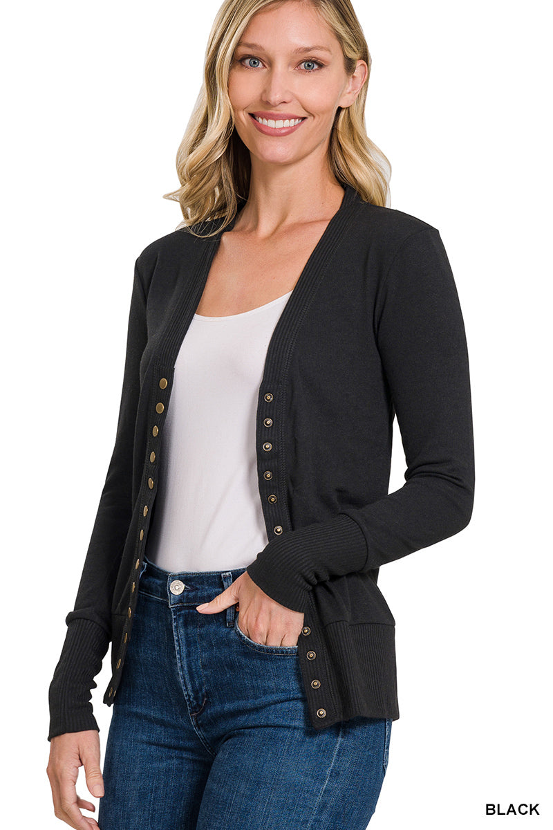 Snap Button Cardigan With Ribbed Detail