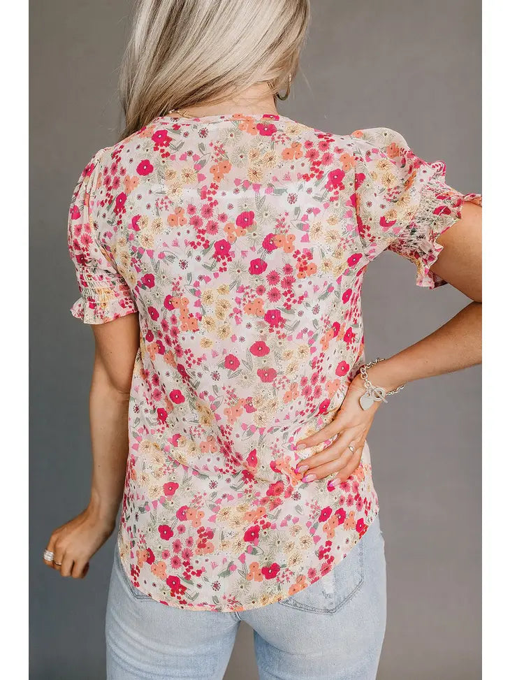 Rose Floral Ruffle Bubble Sleeve Blouse for women