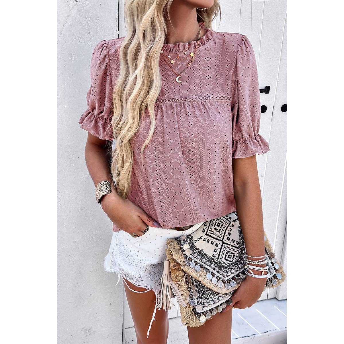 Mauve Lace Hollow Out Ruffle Loose Fit Blouse