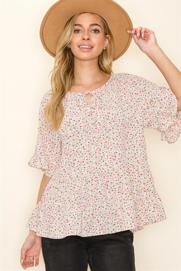 Floral Print Top With Keyhole Detail